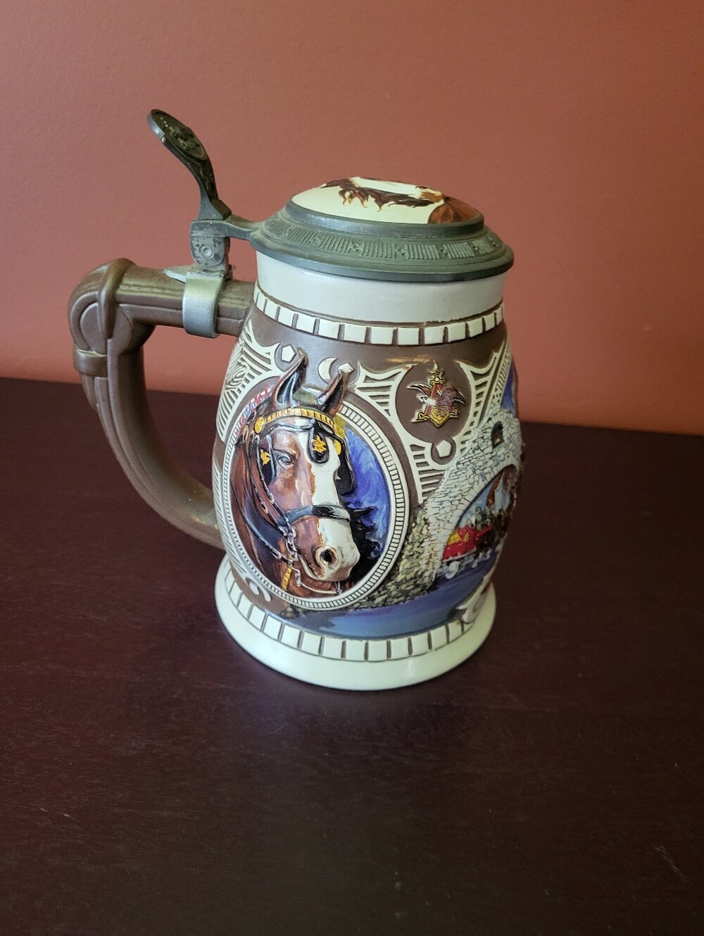 Budweiser Brown, Cream and Blue Ceramic Stein with Horse Relief